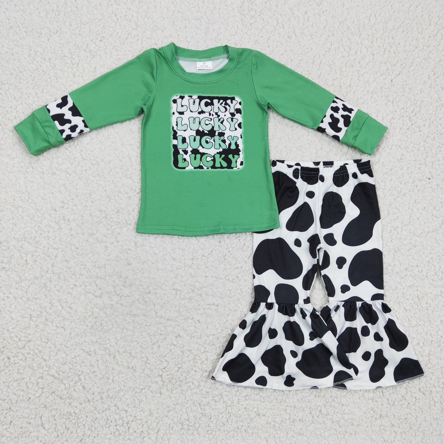 GLPO411 2Pcs GT0081 St. Patrick  Green Lucky Cow Print Top + Cow Print Pants Girls Long Sleeve Pants Outfits