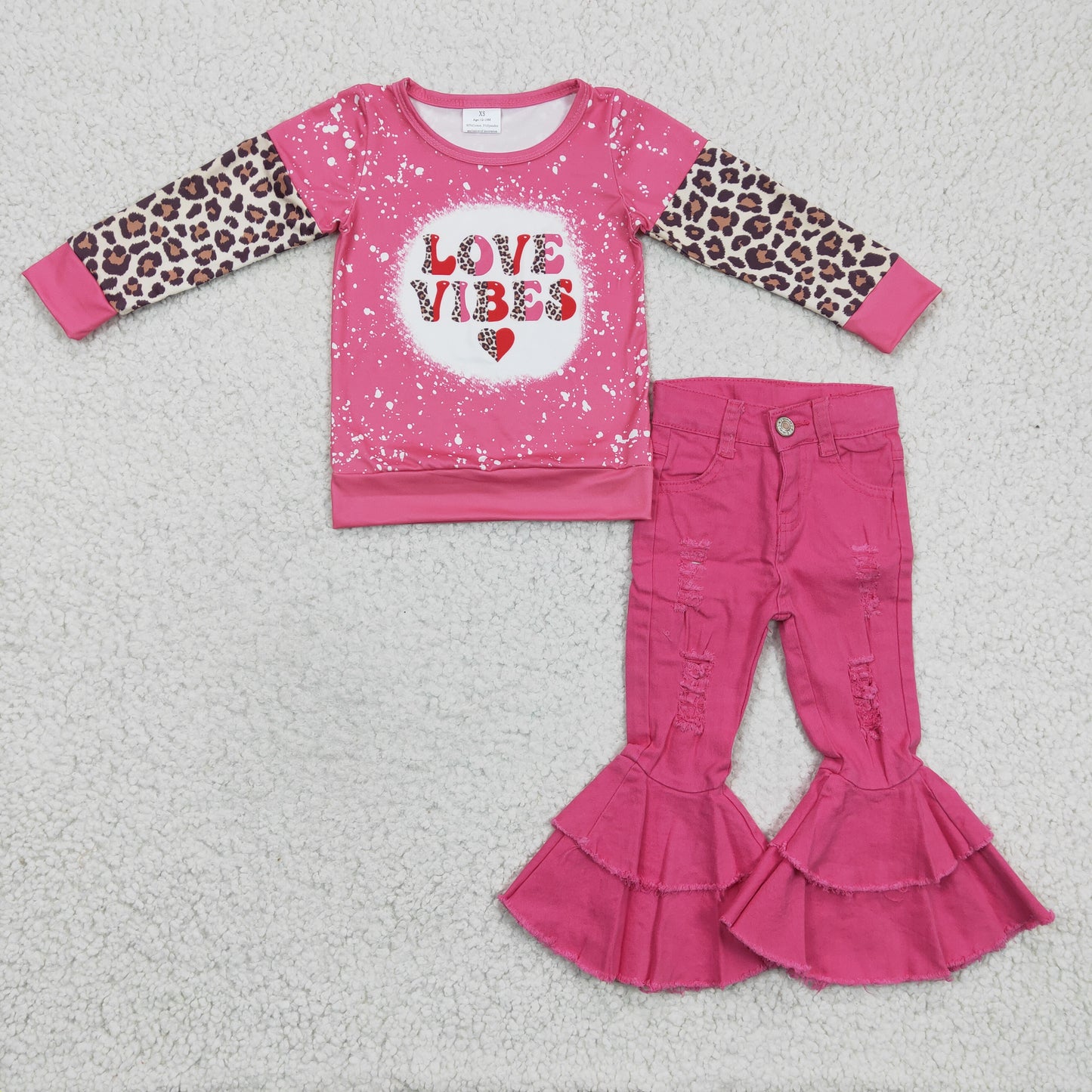 GLPO412 2Pcs Valentine Pink Love Vibes Leopard Top + Pink Denim Girls Long Sleeve Pants Outfits