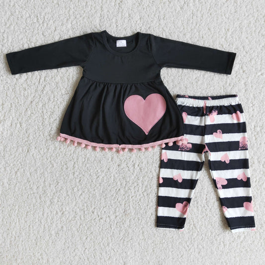 6 A27-29 Valentine Pink Love Heart Striped Print Tunic Girls Long Sleeve Pants Outfits