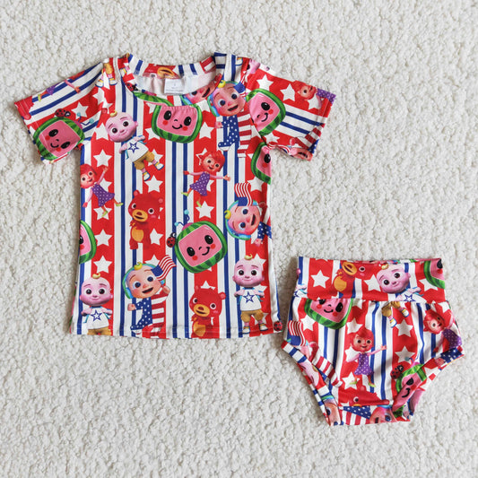 promotion RTS D4-5 4th Of July Red Stripes Blue Cartoon Girls Short Sleeve Bummies Outfits