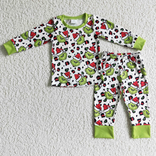 BLP0076 Christmas Green Red Cartoon Santa Leopard Boys Long Sleeve Pants Outfits Pajamas