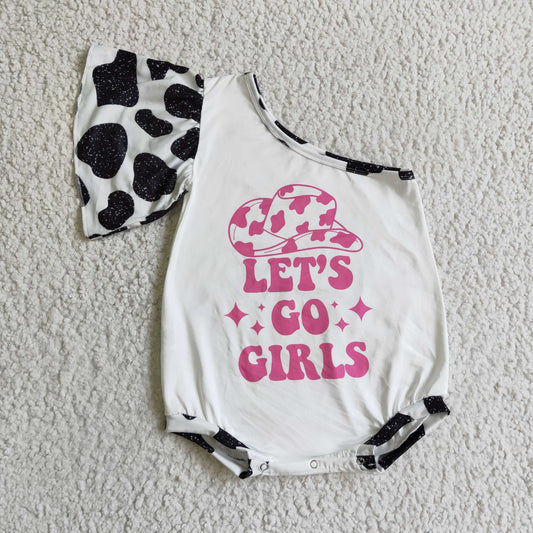 SR0102 Cowboy Let Go Girls Black White Pink Cow Print Girls Short Sleeve Romper