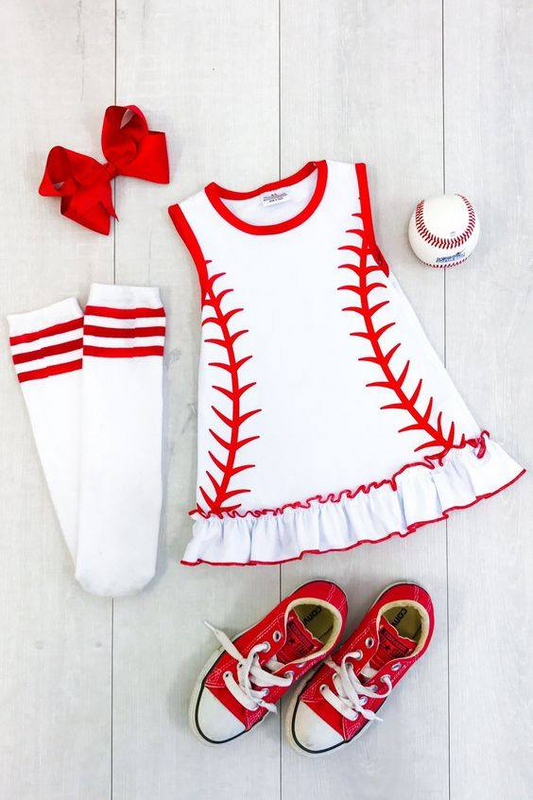 GSD0295 Red White Softball Girls Short Sleeve Dresses