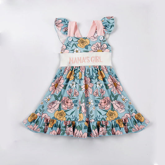 GSD0315 Mama's Girl Blue Pink Floral Embroidery Girls Short Sleeve Dresses