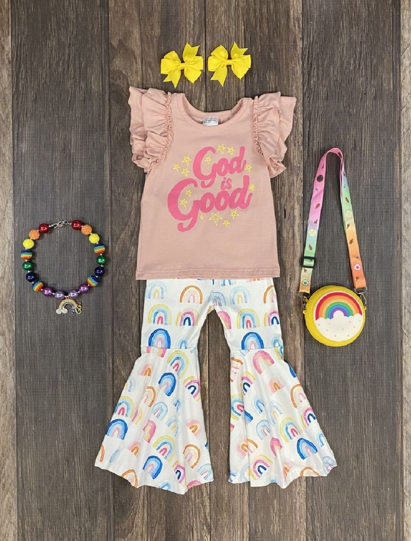 GSPO0479 Pink God Good Rainbow Girls Short Sleeve Bell Bottom Pants Outfits