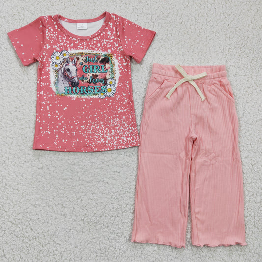 GSPO0488 GT0095 Valentine Pink Just Girl Loves Horses Top+pink Girls Short Sleeve Pants Outfits