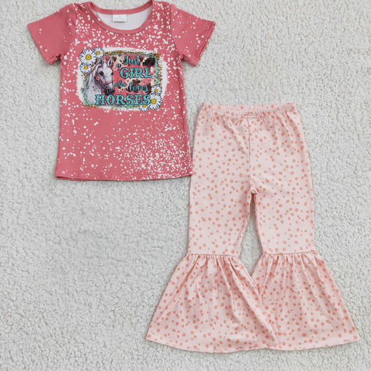 GSPO0490 GT0095 Valentine Pink Just Girl Loves Horses Top+pink Girls Short Sleeve Pants Outfits