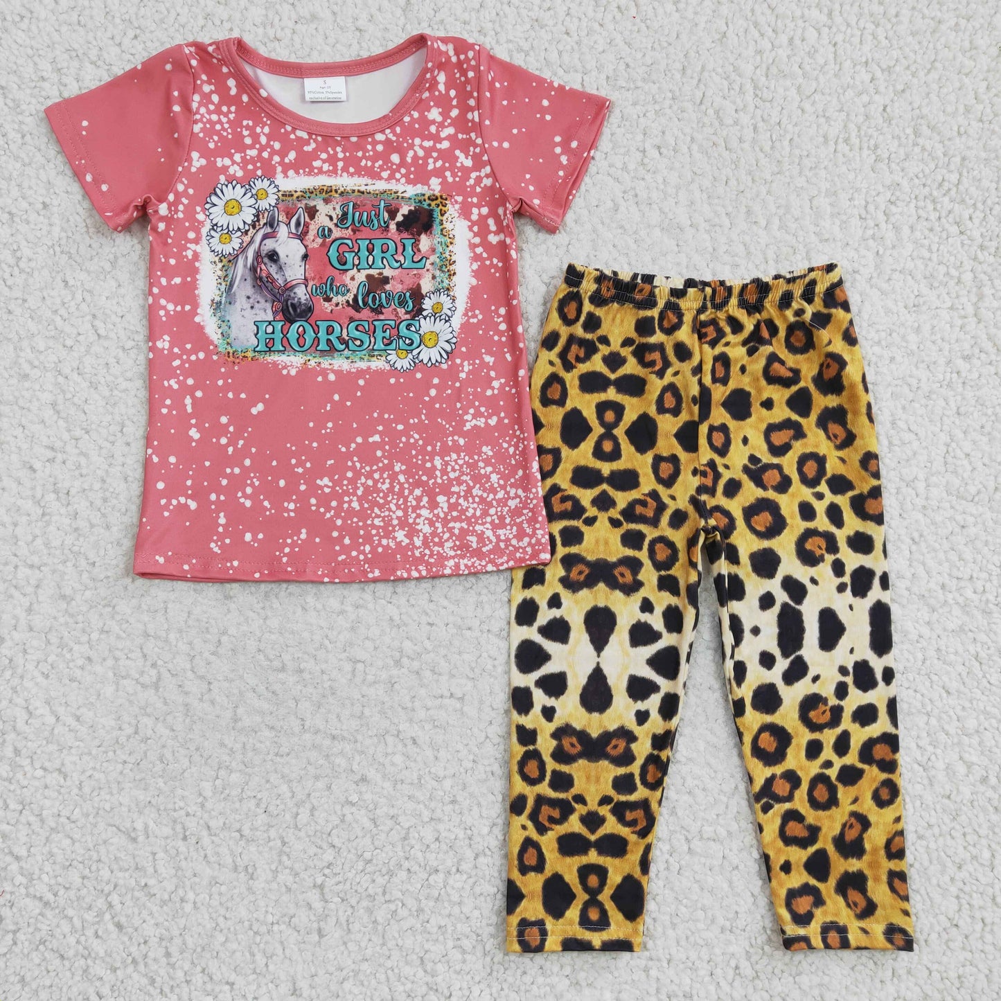 GSPO0491 GT0095 Valentine Pink Just Girl Loves Horses Top+Leopard Girls Short Sleeve Pants Outfits