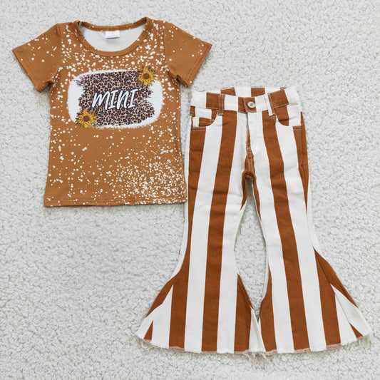 GSPO0501  2Pcs GT0098 Family Mini Leopard Sunflower Top + Brown Stripes Denim Girls Short Sleeve Bell Bottom Pants Outfits