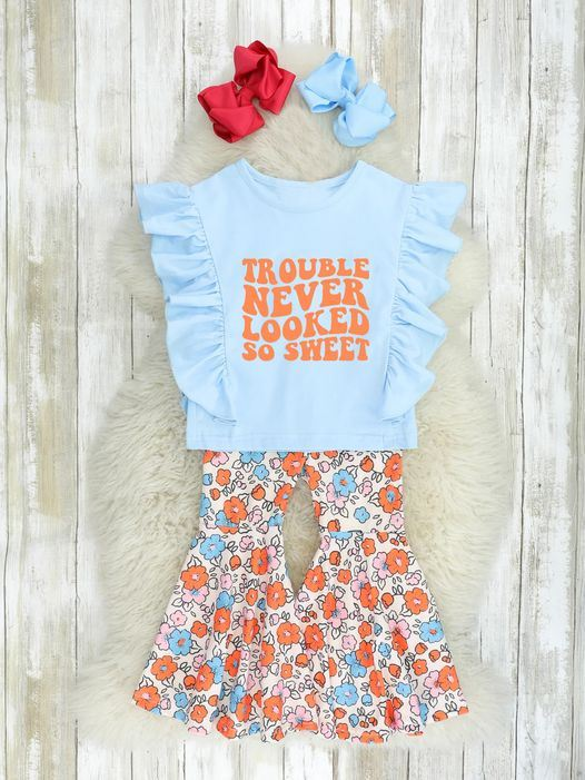 GSPO0539 Blue Floral Trouble Never Looked So Sweet Girls Short Sleeve Bell Bottom Pants Outfits