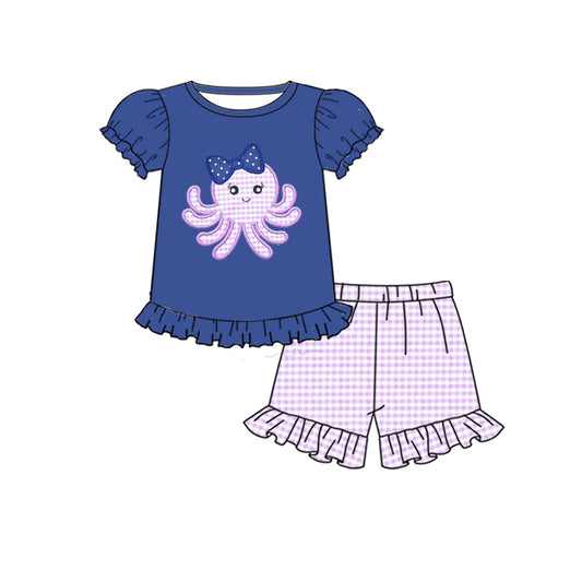 GSSO0131 Blue Purple Plaid Octopus Sea Embroidery Girls Short Sleeve Shorts Outfits