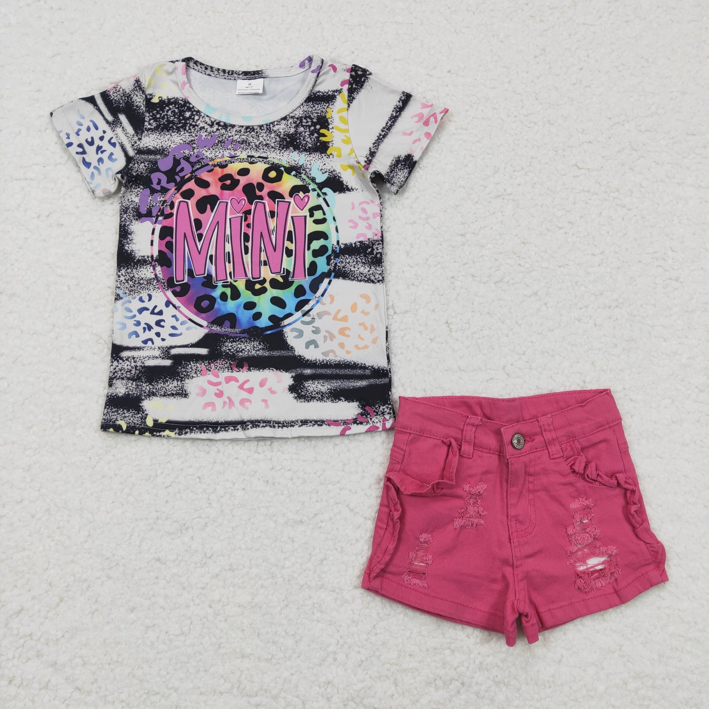 GSSO0146 2Pcs Family Mini Leopard Top+ Pink Denim  Girls Short Sleeve Shorts Outfits