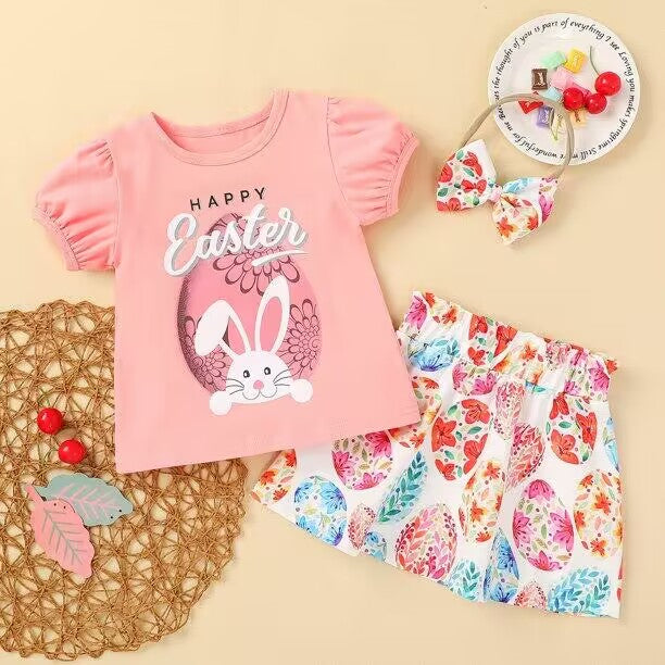 GSSO0167 Easter Pink Rabbit Egg Girls Short Sleeve With Skirt Dresses Outfits