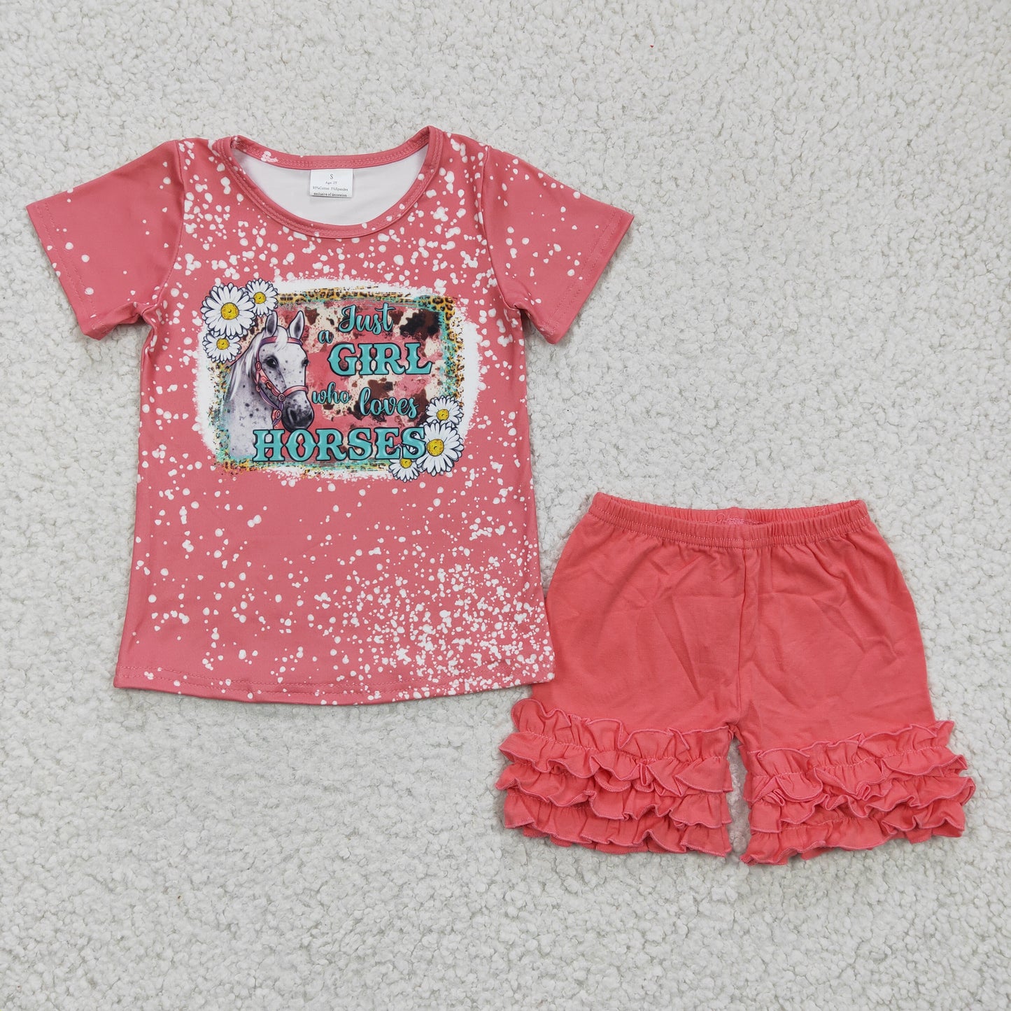 GSSO0185 GT0095 Valentine Pink Just Girl Loves Horses Top+pink Girls Short Sleeve Shorts Outfits