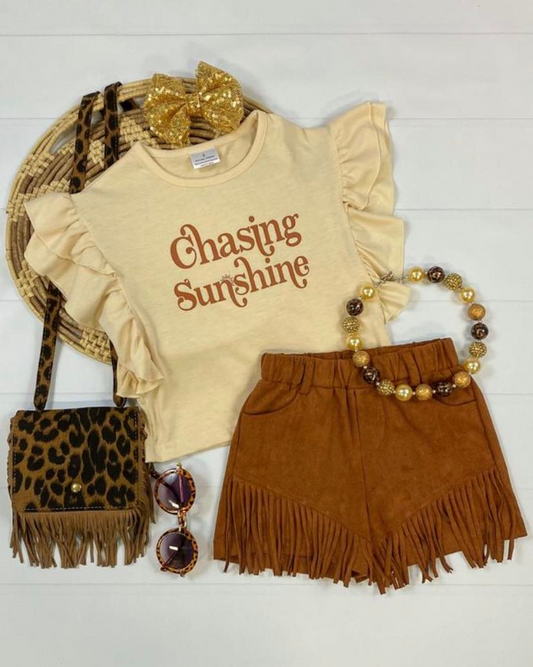 GSSO0213 Brown Yellow Khaki Chasing Sunshine Tassel Girls Short Sleeve Shorts Outfits