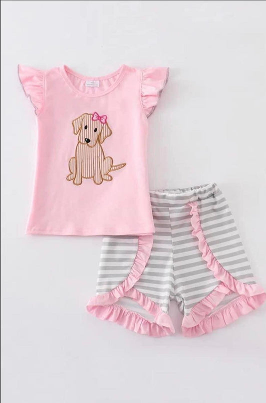 GSSO0223 Pink Dog Embroidery Girls Short Sleeve Shorts Outfits