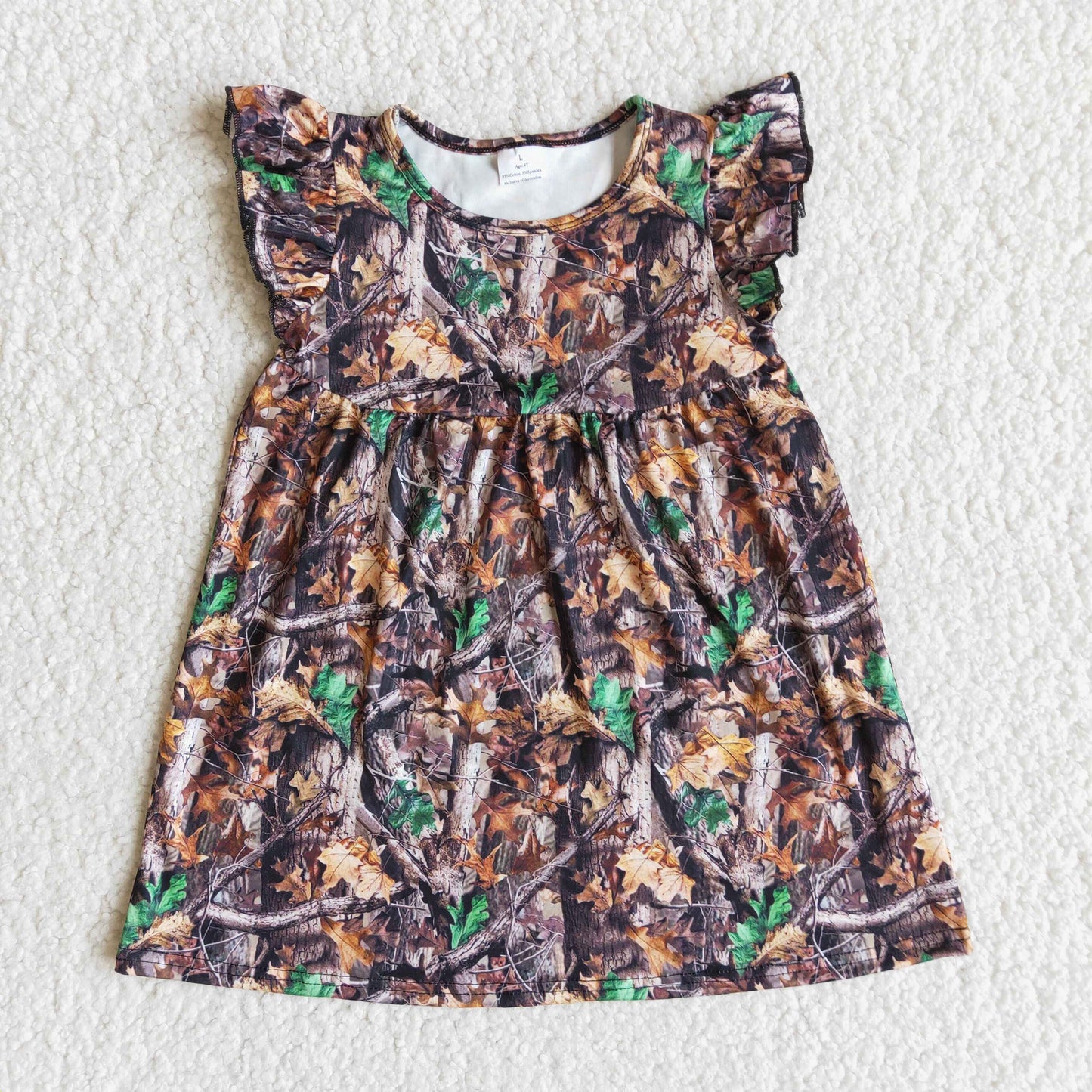 E12-3 Leaf Leaves Camo Print  Girls Flutter Sleeve Dresses