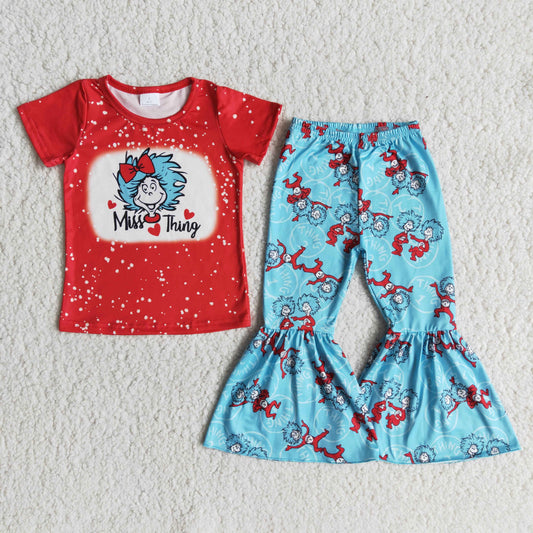 E12-27 Dr Miss Thing Red Blue Bleach Girls Short Sleeve Bell Bottom Pants Outfits