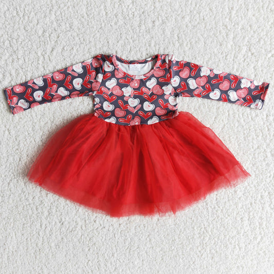 Clearance 6 A26-19 Valentine Red Love Tulle Tutu Girls Long Sleeve Dresses