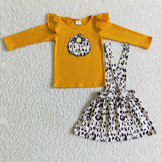 GLD0008 Halloween Orange Leopard Pumpkin Embroidery Girls Long Sleeve With Skirt Overall Dresses Outfits