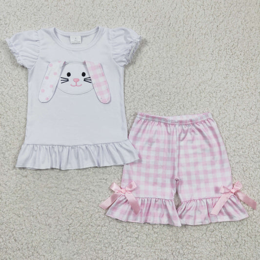 GSSO0128 Easter Pink Plaid Dot Rabbit Ruffles Embroidery Girls Short Sleeve Shorts Outfits