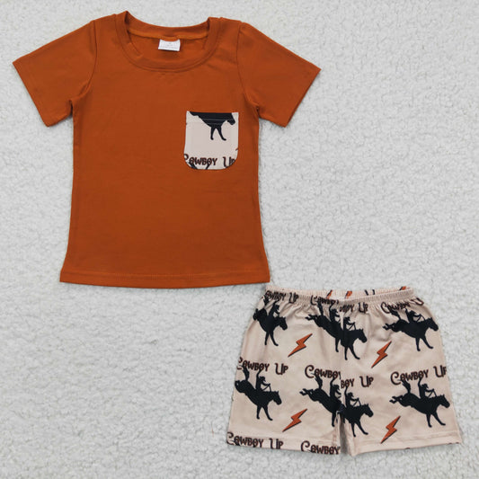 promotion RTS BSSO0162  Brown Rodeo Cowboy Pocket Boys Short Sleeve Shorts Outfits
