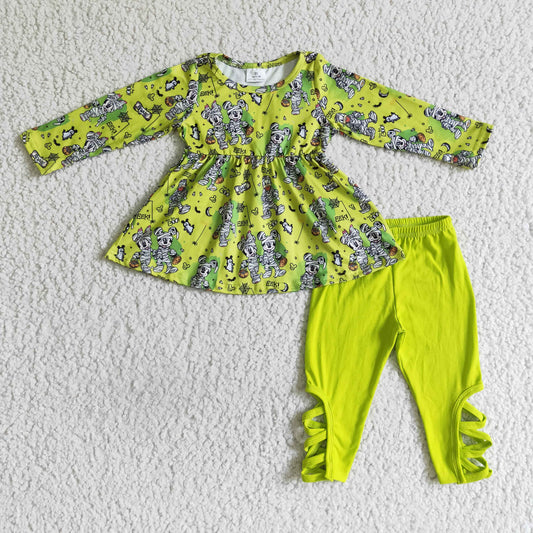 GLP0080 Halloween Pumpkin Green Cartoon Tunic Girls Long Sleeve Pants Outfits