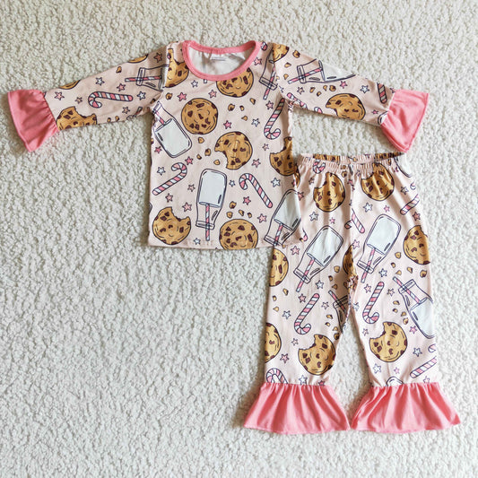 GLP0189 Christmas Pink Cookies Milk Candy Gift Girls Long Sleeve Pants Outfits Pajamas