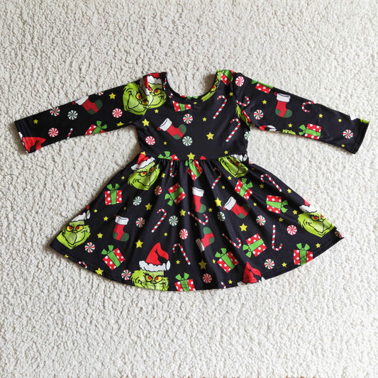 GLD0101 Christmas Santa Red Green Cartoon Gift Black Girls Long Sleeve Dresses