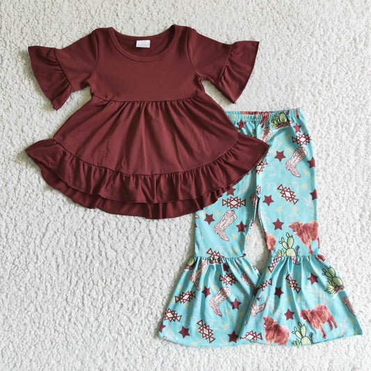GSPO0192 Brown Blue Highland Cows Boots Cactus Western Tunic Girls Short Sleeve Bell Bottom Pants Outfits