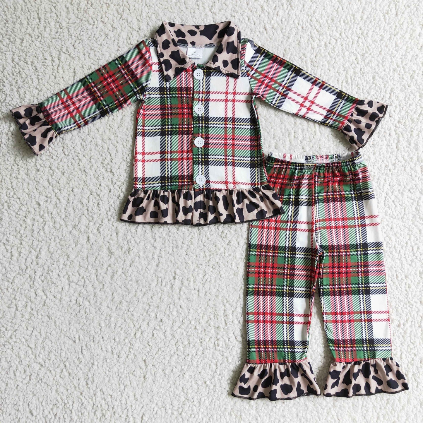 6 B2-4 Christmas Red Green Plaid Leopard Collar Girls Long Sleeve Pajamas