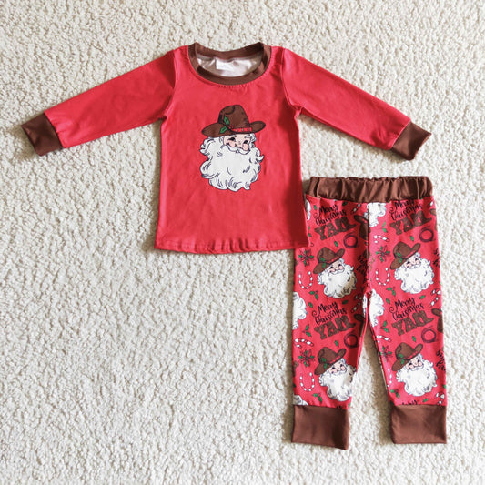 BLP0119 Christmas Red Santa Cowboy Western Boys Long Sleeve Pants Outfits Pajamas