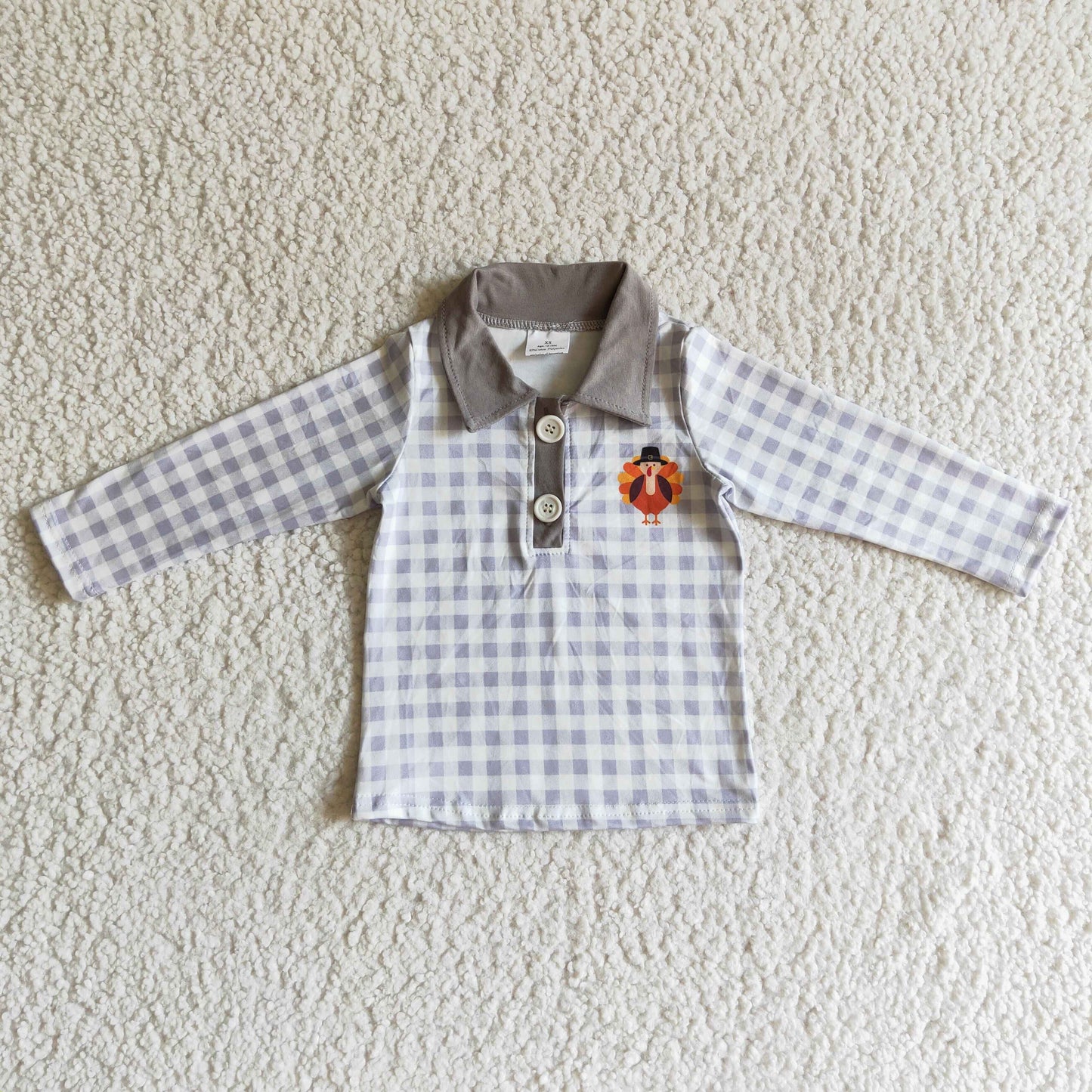 BT0038 Thanksgiving Turkey Grey Plaid Polo Long Sleeve Top Boys Collar T-Shirts