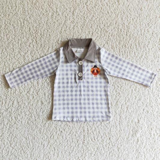 BT0038 Thanksgiving Turkey Grey Plaid Polo Long Sleeve Top Boys Collar T-Shirts