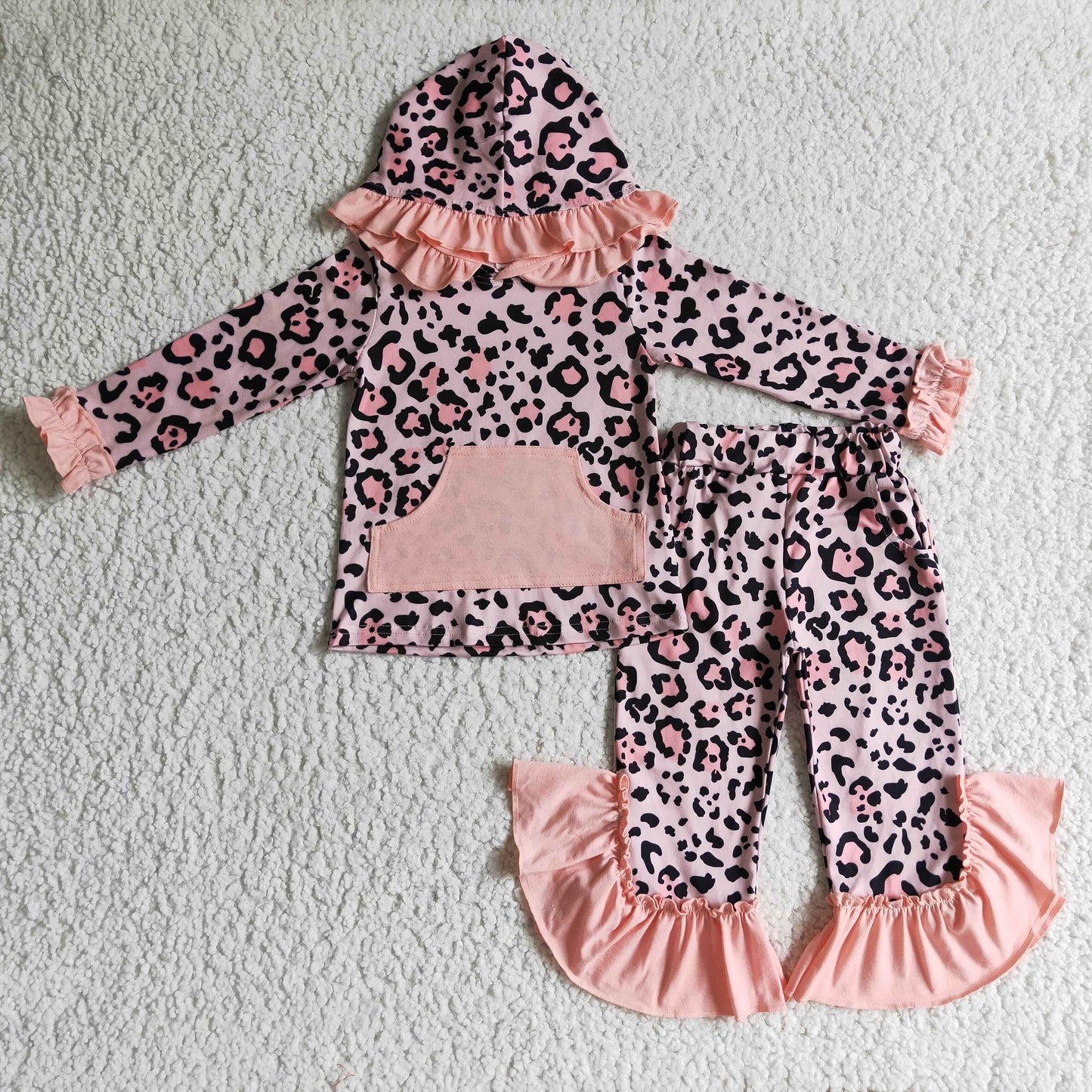 GLP0254 Pink Leopard Pockets Ruffles Girls Long Sleeve Hoodies Outfits