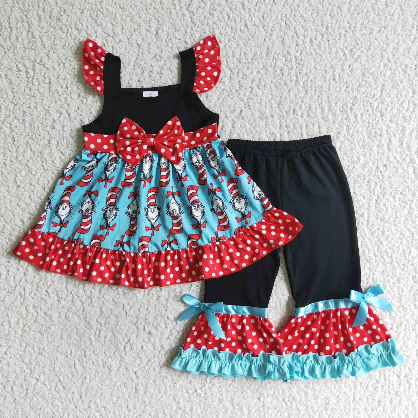 promotion RTS B12-2  Red Blue Read Cat Cartoon Tunic Girls Sleeveless Pants Outfits