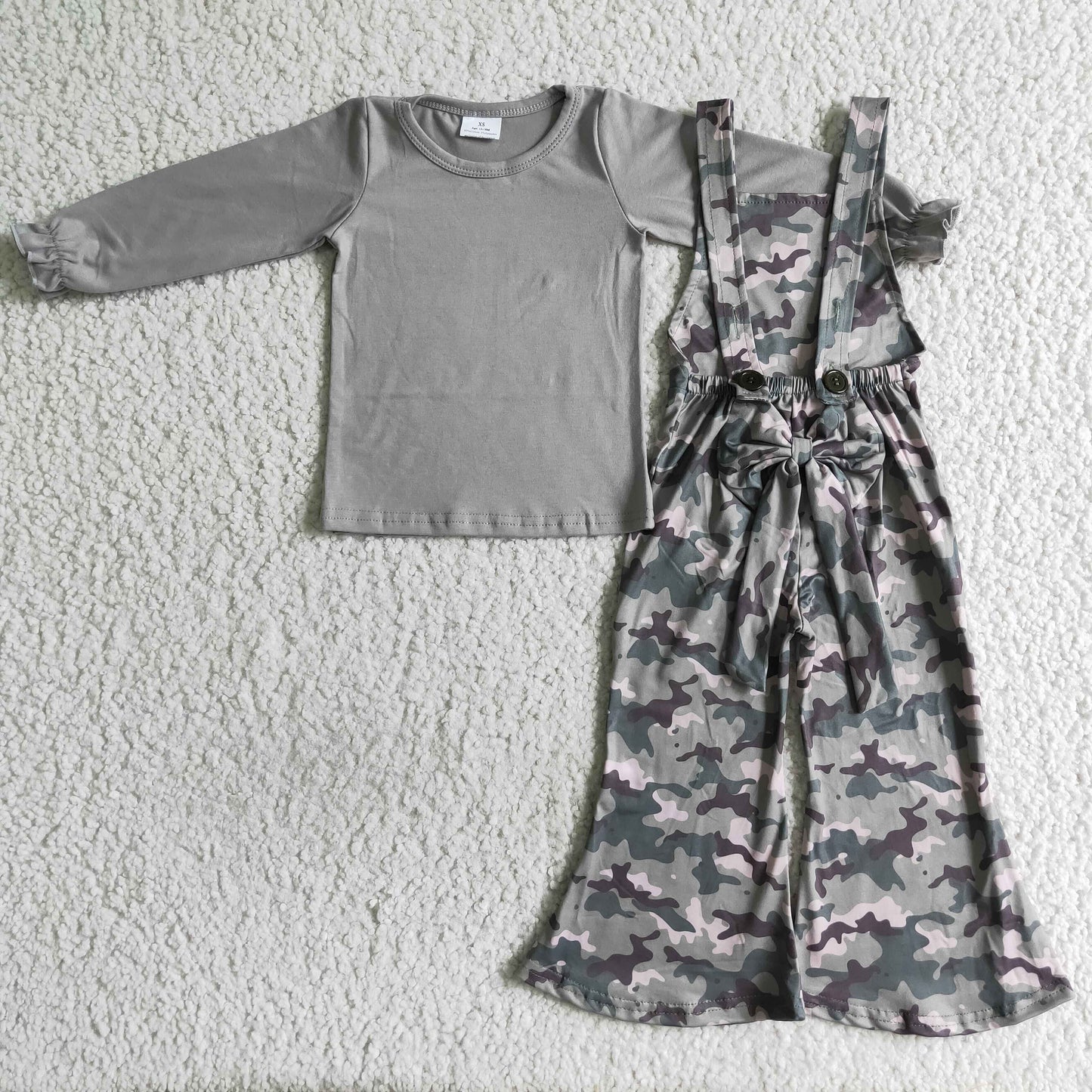 6C9-36 Grey Camo Print Overalls Girls Long Sleeve Bell Bottom Pants Outfits