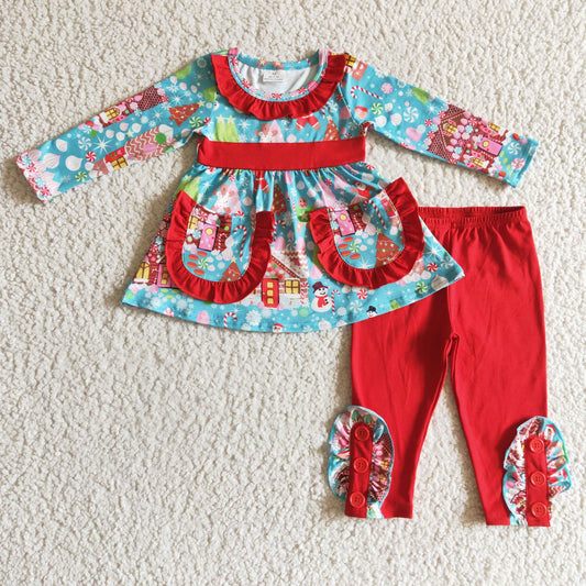 GLP0247 Christmas Red Green Santa Tree Pockets Tunic Ruffles Girls Long Sleeve Bell Bottom Pants Outfits