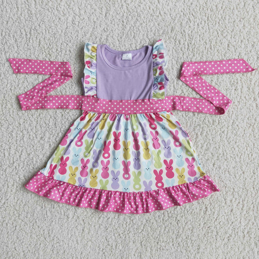 Clearance B11-21 Purple Pink Easter Rabbits Rabbits Girls Short Sleeve Dresses