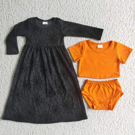 GBO0060 Black Lace Orange Outfits 3pcs Girls Long Sleeve Dresses Short Sleeve Bummies Outfits