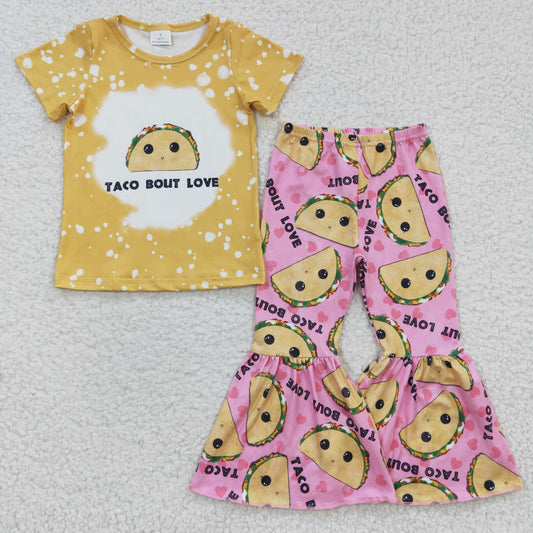 GSPO0347 Yellow Pink Taco Bout Love Girls Short Sleeve Bell Bottom Pants Outfits