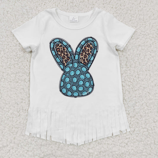GSPO0532 2pcs GT0136 Easter Rabbit Blue Tassel Top+ P0008 Blue Denim Girls Short Sleeve Bell Bottom Pants Outfits
