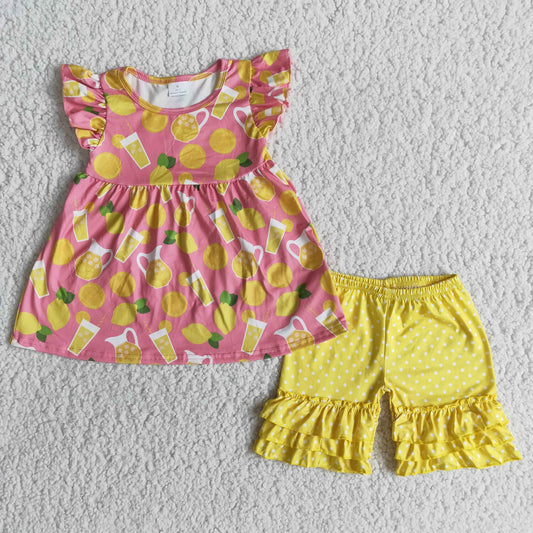 promotion RTS D12-16 Lemon Print Yellow Girls Short Sleeve Shorts Outfits