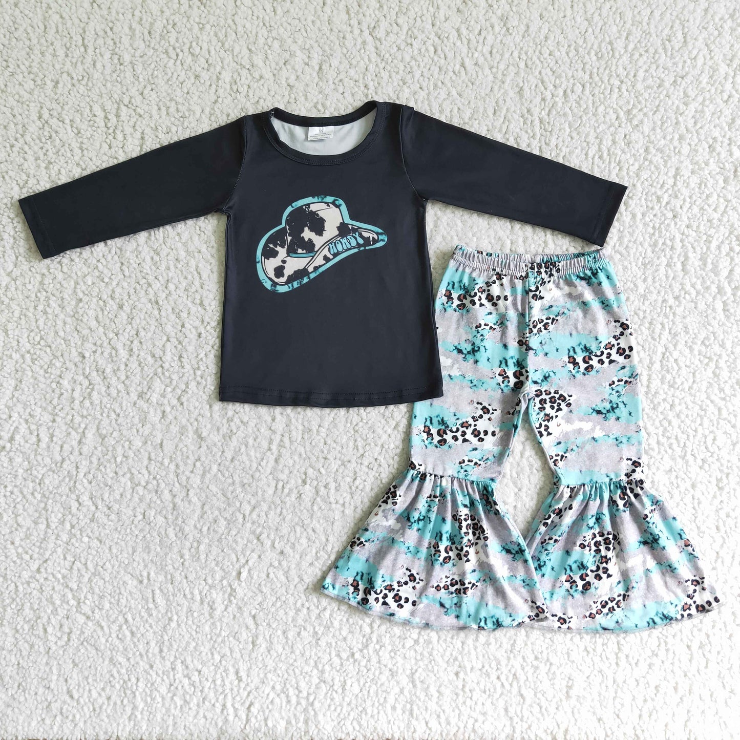 promotion RTS 6 C9-34 Howdy Blue Leopard Hat Cowboy Girls Long Sleeve Bell Bottom Pants Outfits