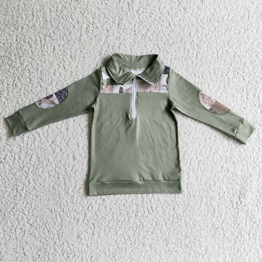 BT0103 Green Plaid Deer Duck Camo  Boys Long Sleeve Top Collar Polo Pullover T-Shirts