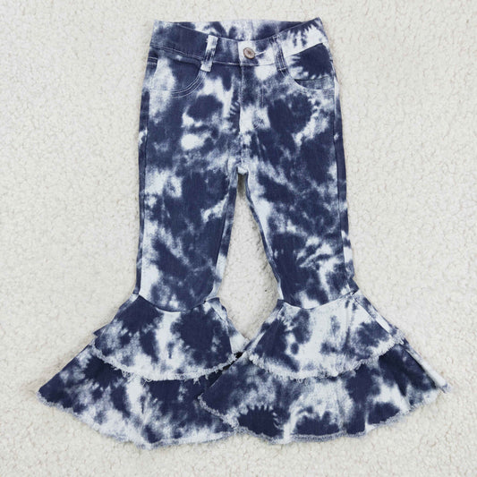 P0035 Blue Tie Dye Double Ruffles Denim Jeans