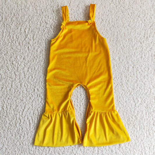 SR0089 Orange Yellow Velvet Girls Sleeveless Jumpsuit Overall Pants