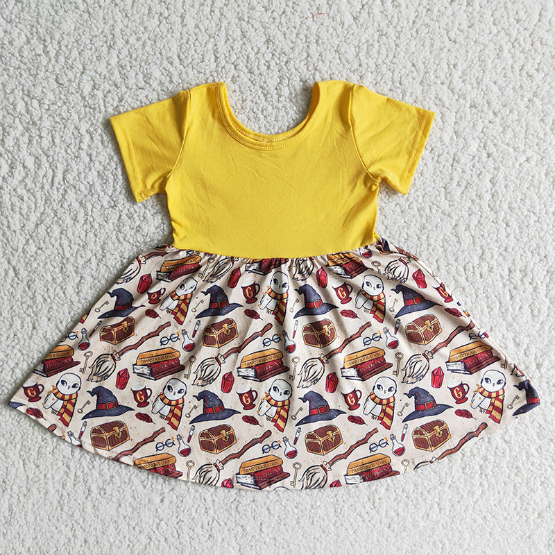 B15-1 Yellow Magic Cartoon Girls Short Sleeve Dresses