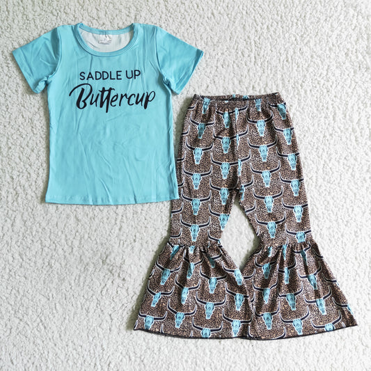 Clearance B11-2 Heifer Blue Buttercup Highland Cows Leoaprd Girls Short Sleeve Bell Bottom Pants Outfits