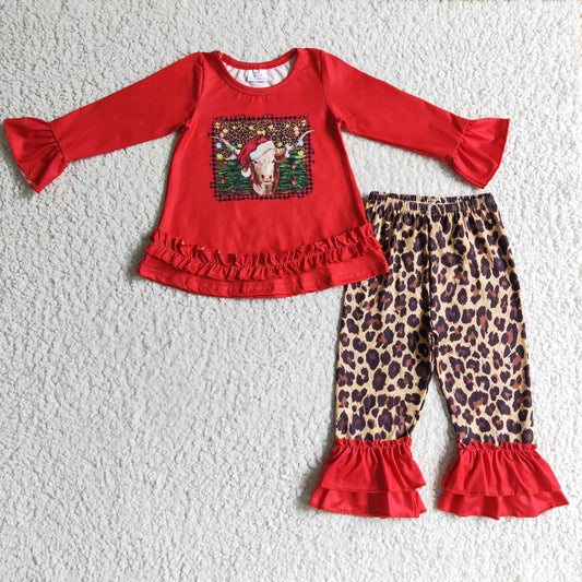 GLP0343 Christmas Red Leopard Santa Highland Cow Girls Long Sleeve Pants Outfits